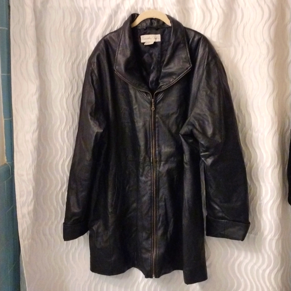 Vintage Samantha Taylor Long Black Leather Jacket Trench Coat  2x Lined